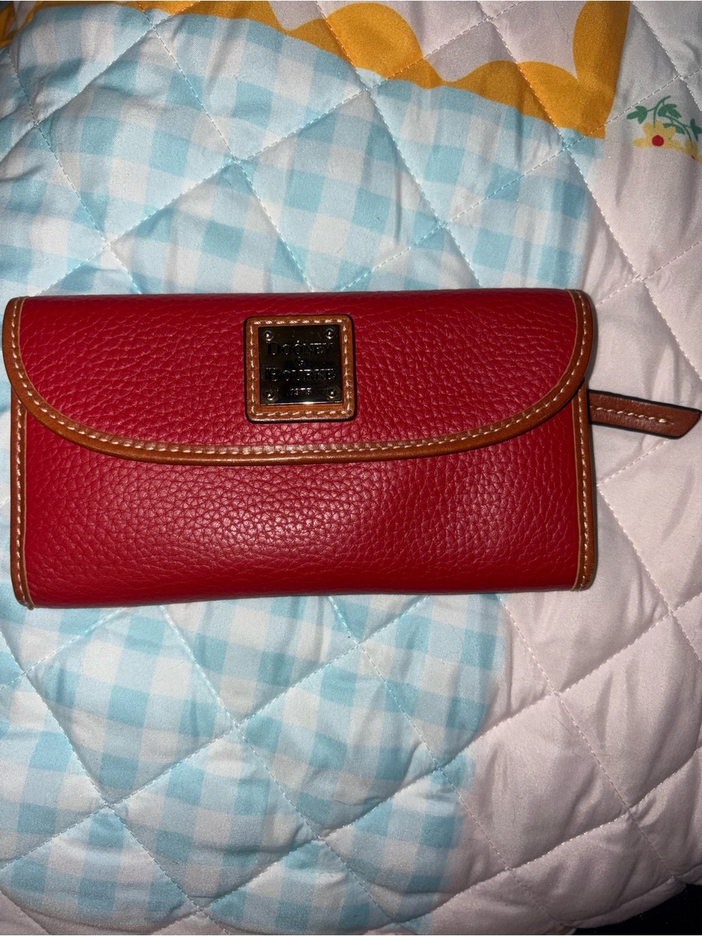 Dooney & Bourke Red Pebble Leather Continental Wallet with Tan Trim